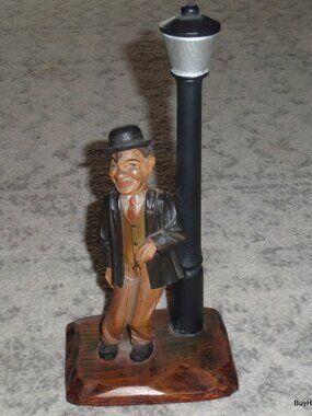 ANRI BARWARE SET Wood Carving Man With Street Lamp Corkscrew Bottle Opener RARE!